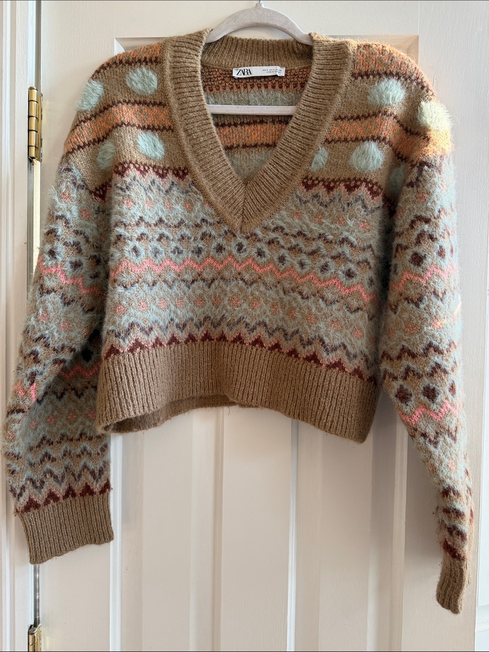 Zara Tan Multicolor Fair Isle V-Neck Sweater